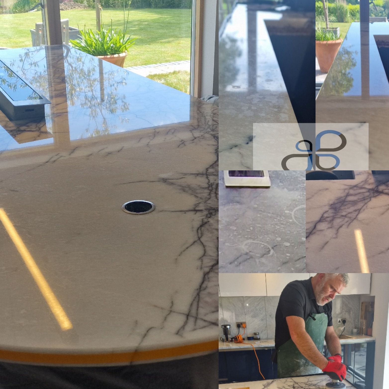 Marble worktop before polishing showing etch marks and dull patches