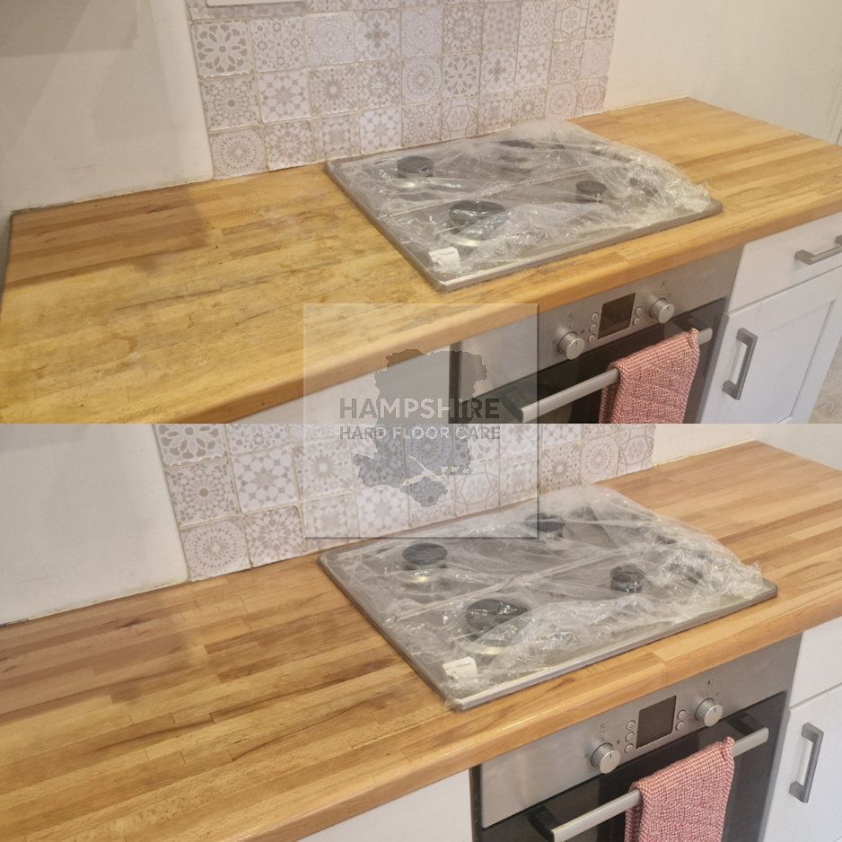 Restored oak worktop with renewed warmth and natural colour