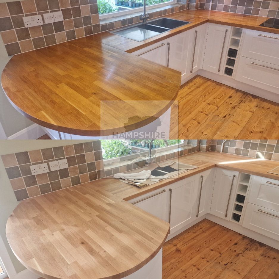 Before and after wood worktop restoration showing improved colour and finish