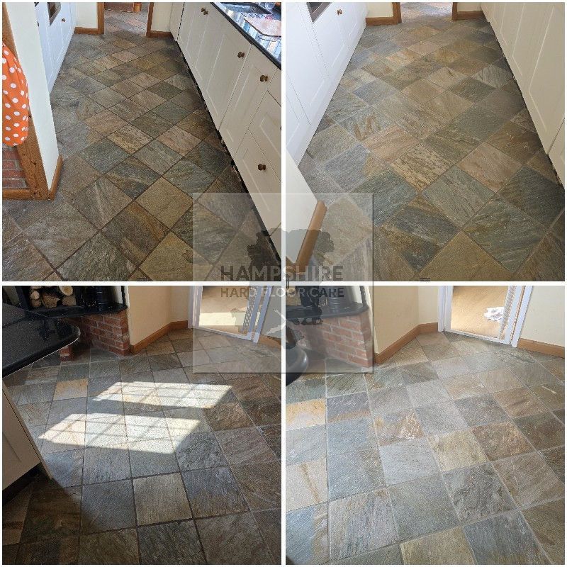 Close-up of slate tile after deep clean revealing natural cleft texture