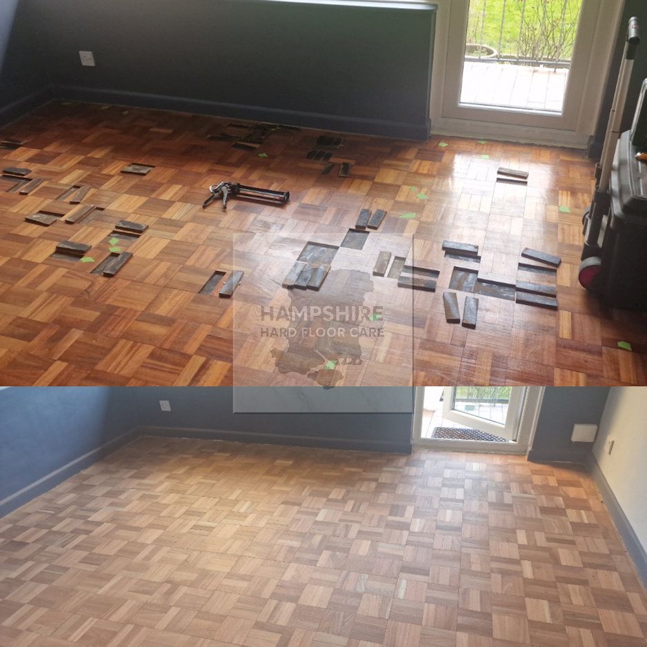 Before and after view of a parquet wood floor being repaired and refinished.