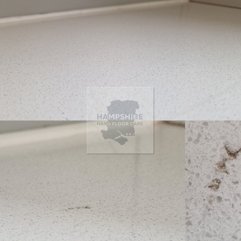 Before and after quartz worktop cleaning showing refreshed, uniform surface