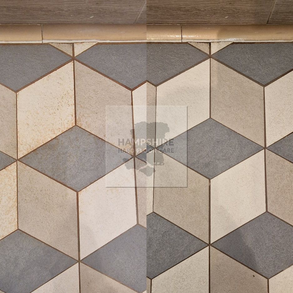 Ceramic tiles cleaned in a Hampshire home, revealing original colour
