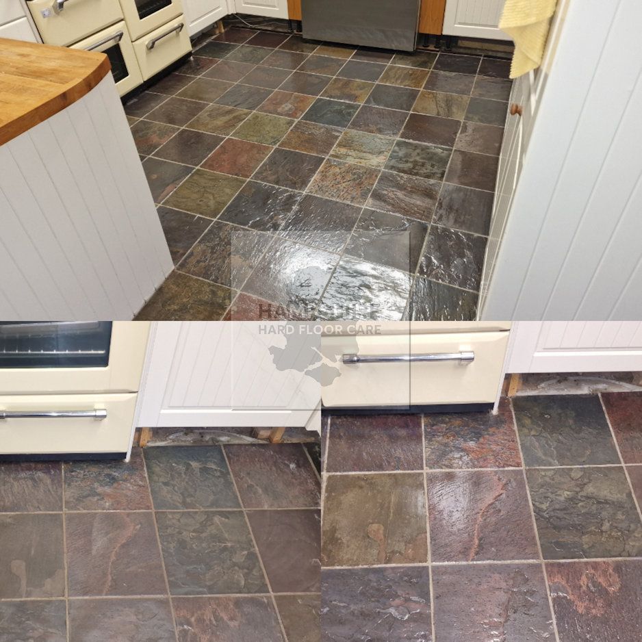 Professional slate floor cleaning revealing natural variation and texture polished