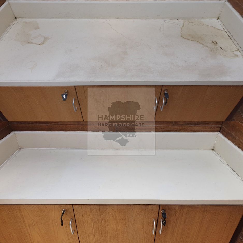 Hotel vanity unit polished to restore shine and remove etching