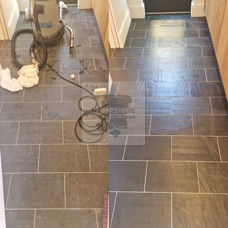 Slate tiles showing improved clarity and richer colour after penetrating sealer