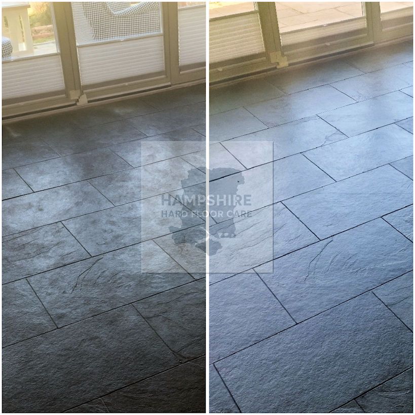 Slate hallway floor restored to a natural, even finish