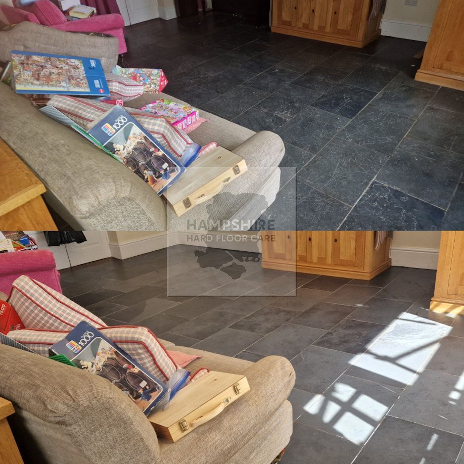 Slate floor after stripping and resealing, showing uniform colour enhancement