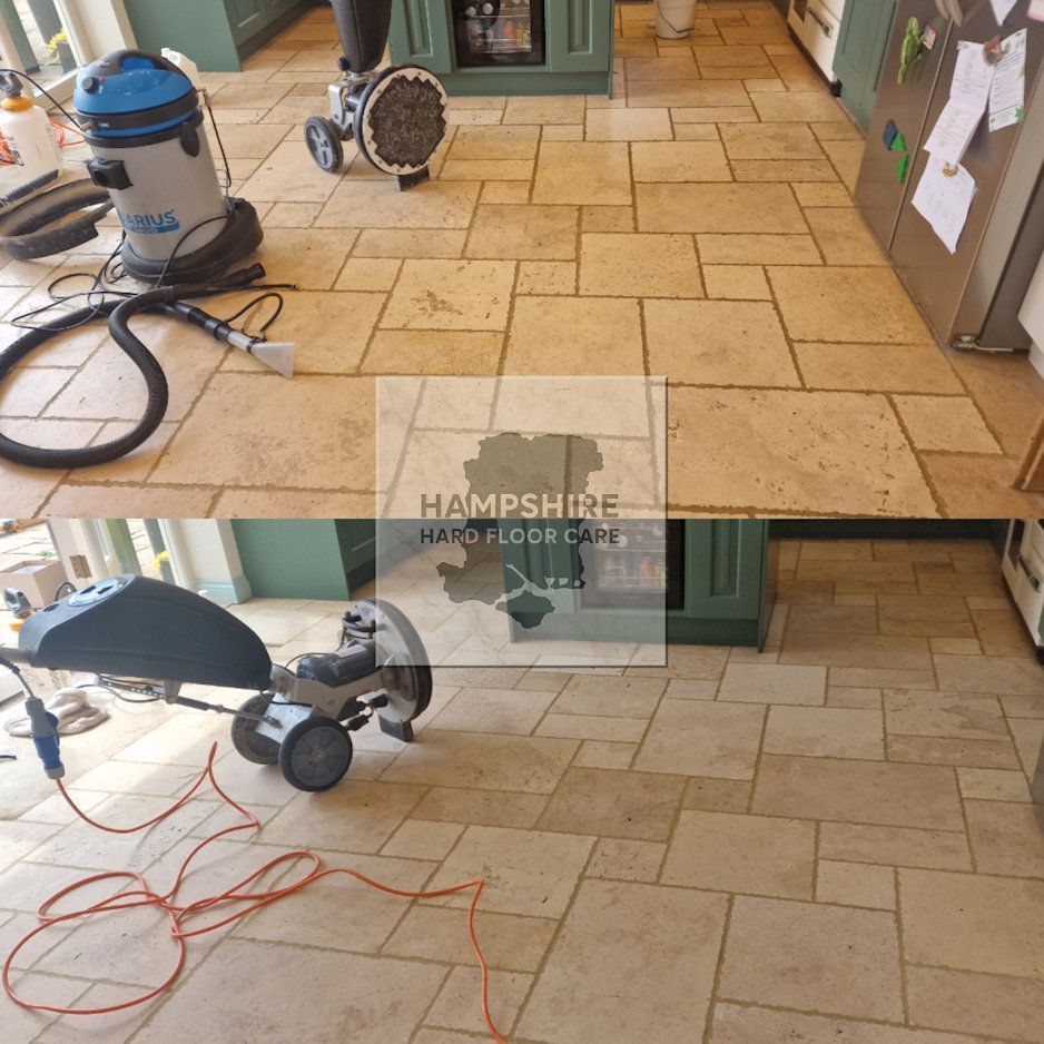 Travertine grout lines deep cleaned to restore lighter, original appearance