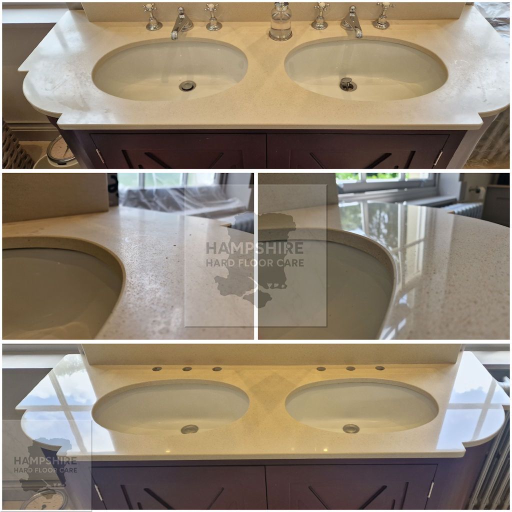 Marble vanity unit before polishing showing water marks and dull areas