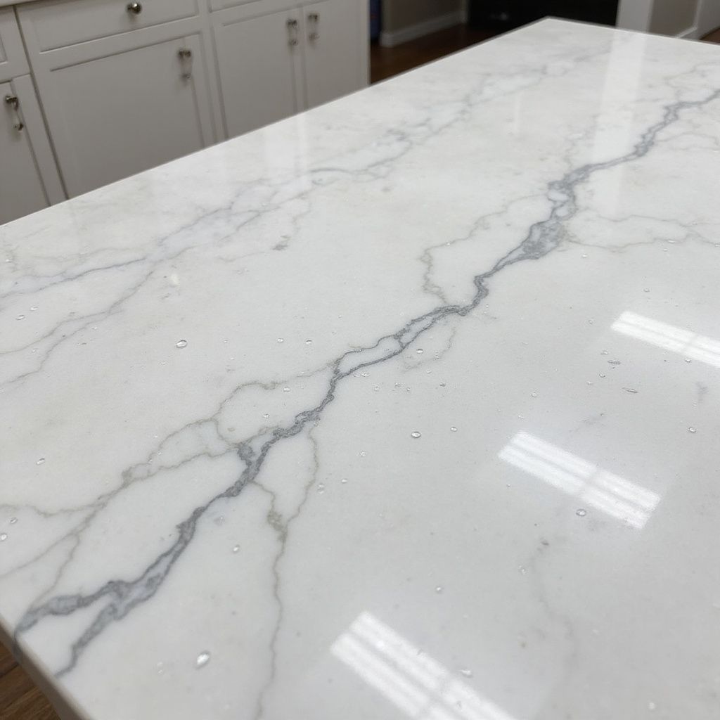 White countertop with gray veining in a kitchen setting.