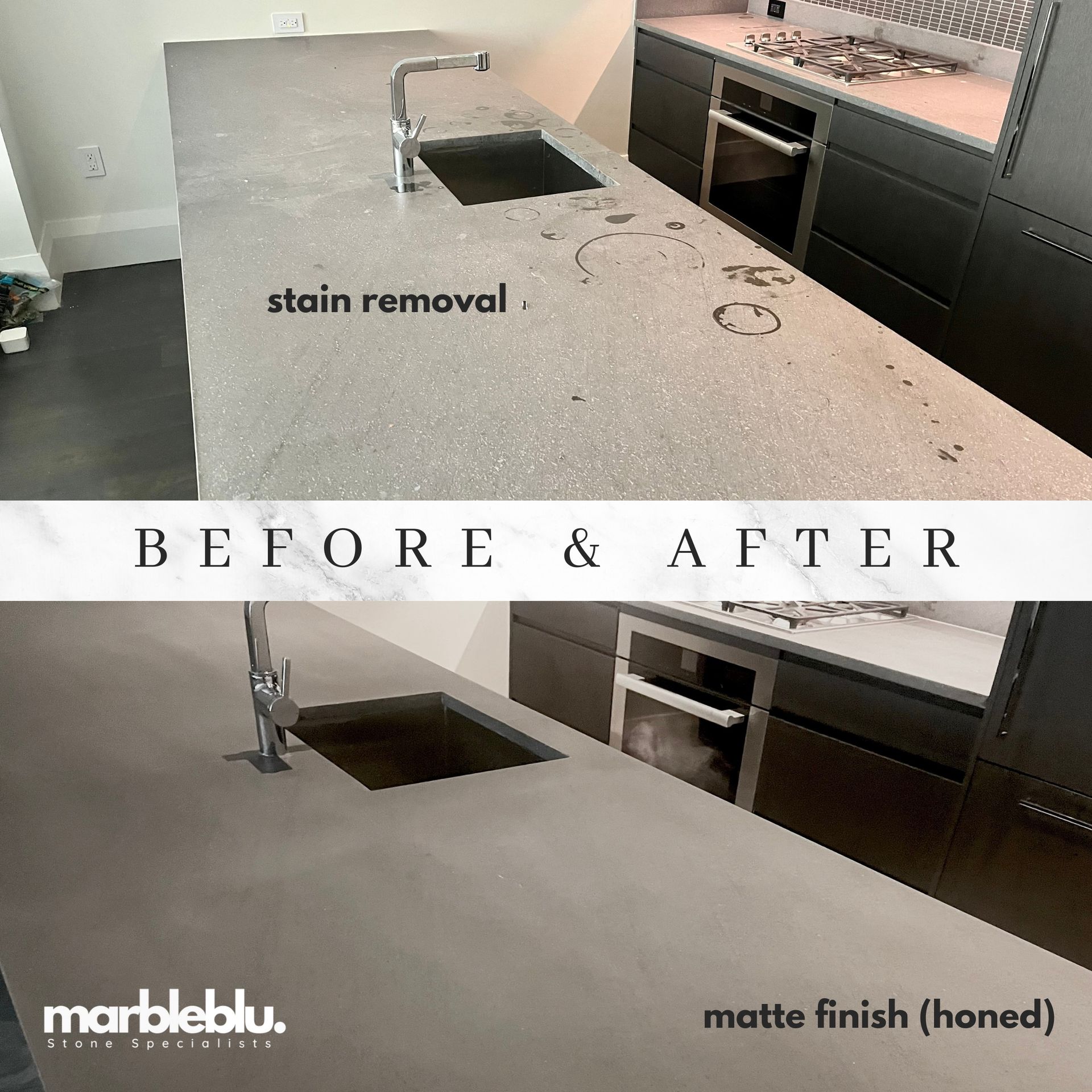 Before & after: Concrete kitchen countertop, stain removal, matte finish (honed). Sink and faucet in view.