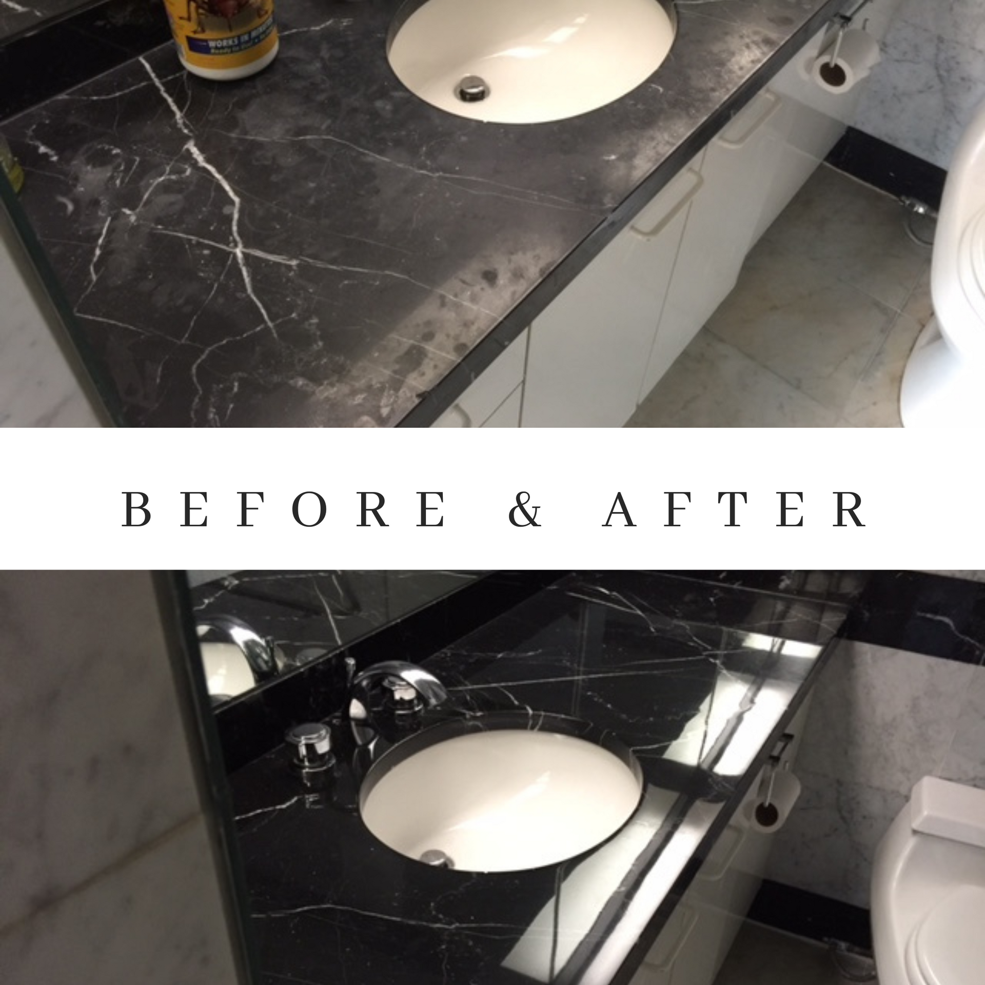 Bathroom countertop before and after, showcasing a black marble surface with white veins, two sinks, and a toilet.