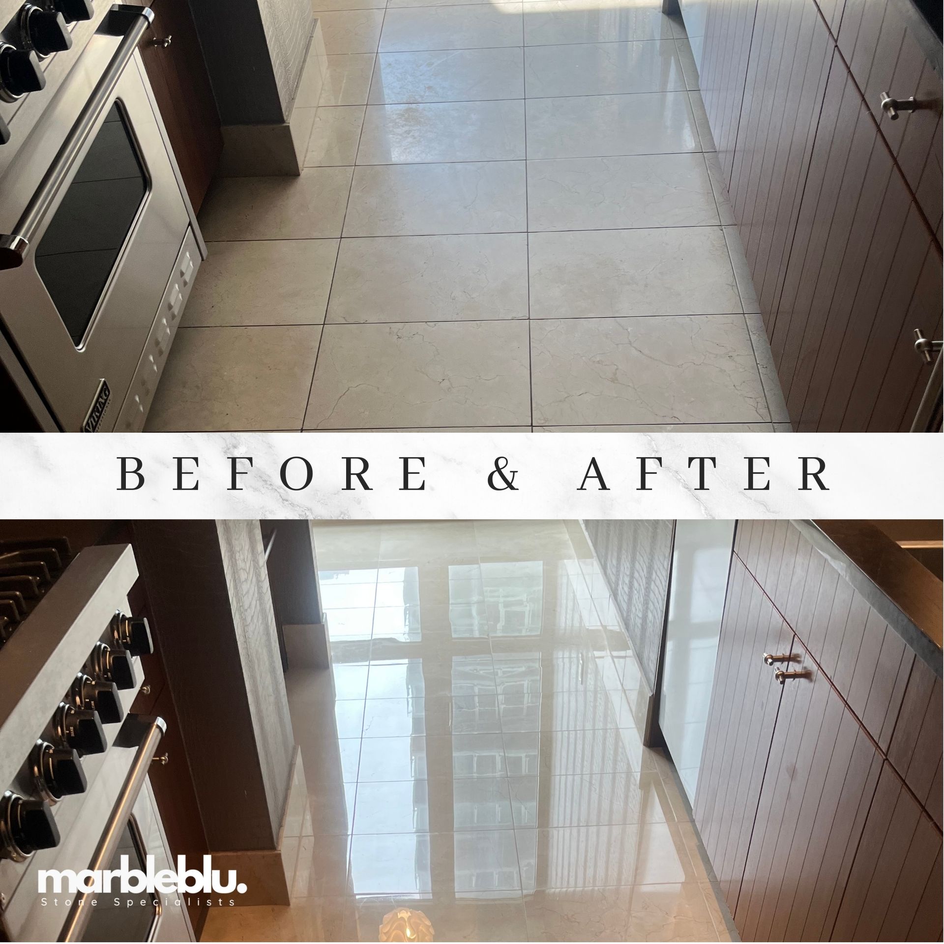 Comparison: Kitchen floor before/after cleaning. Glossy tile reflects light. Cabinets and stove visible.