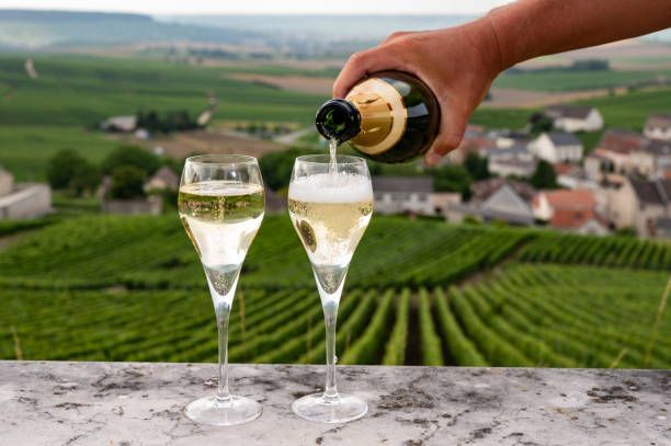 A person is pouring champagne into two glasses in a vineyard.