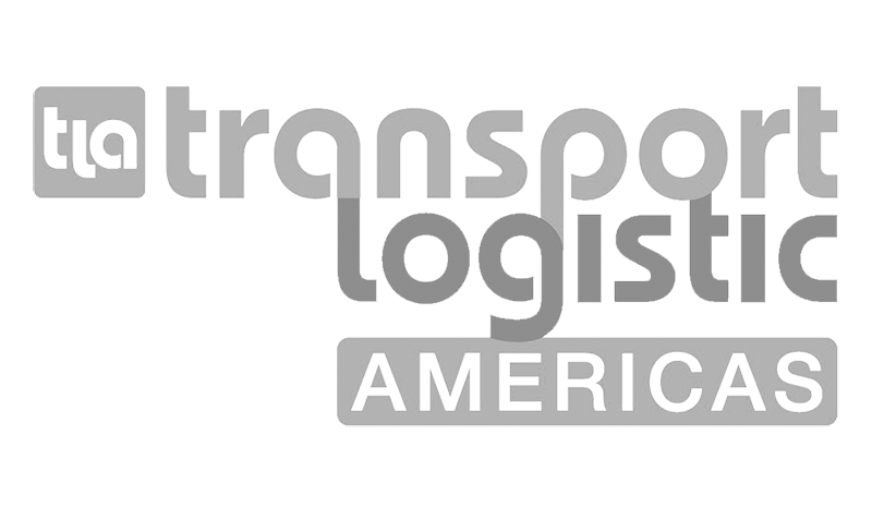 the logo for transport logistic americas is gray and white .