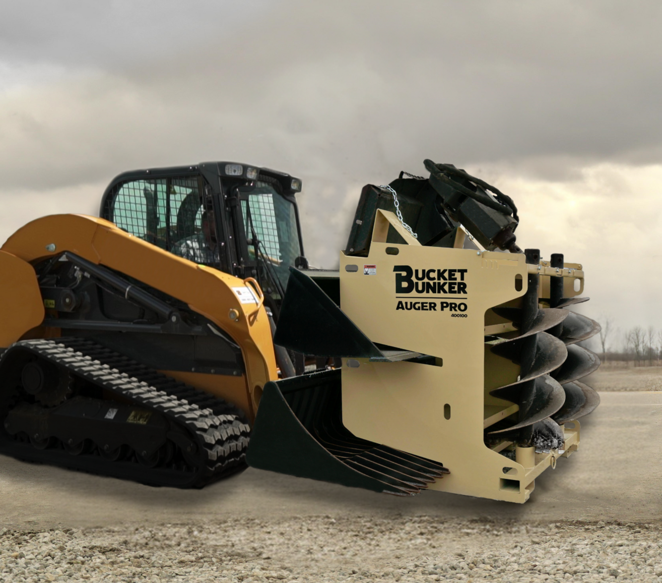 A bucket bunker attachment rack on a case skid steer. 