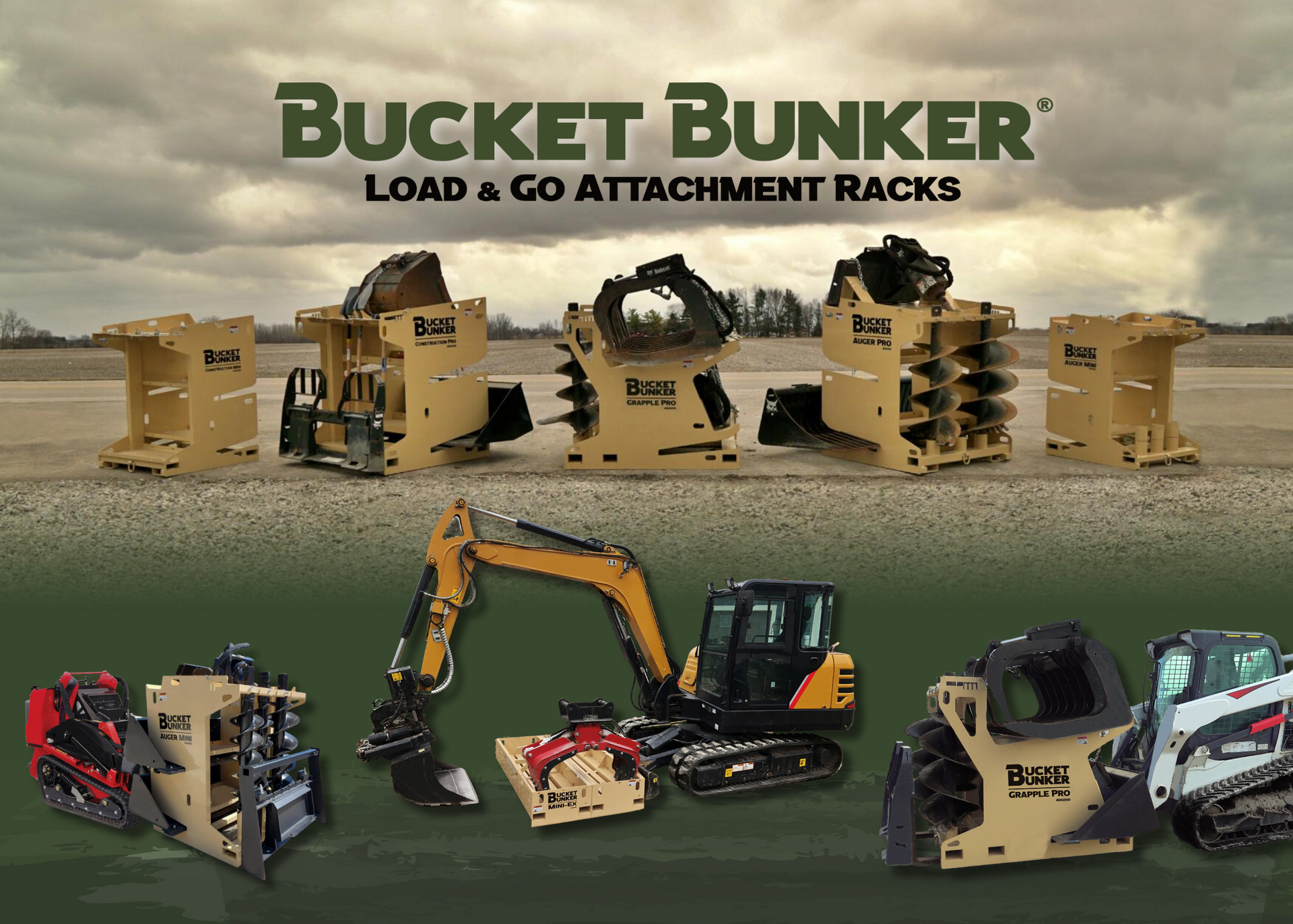 Skid Steer Attachment Solutions | Bucket Bunker® Load & Go Attachment Racks