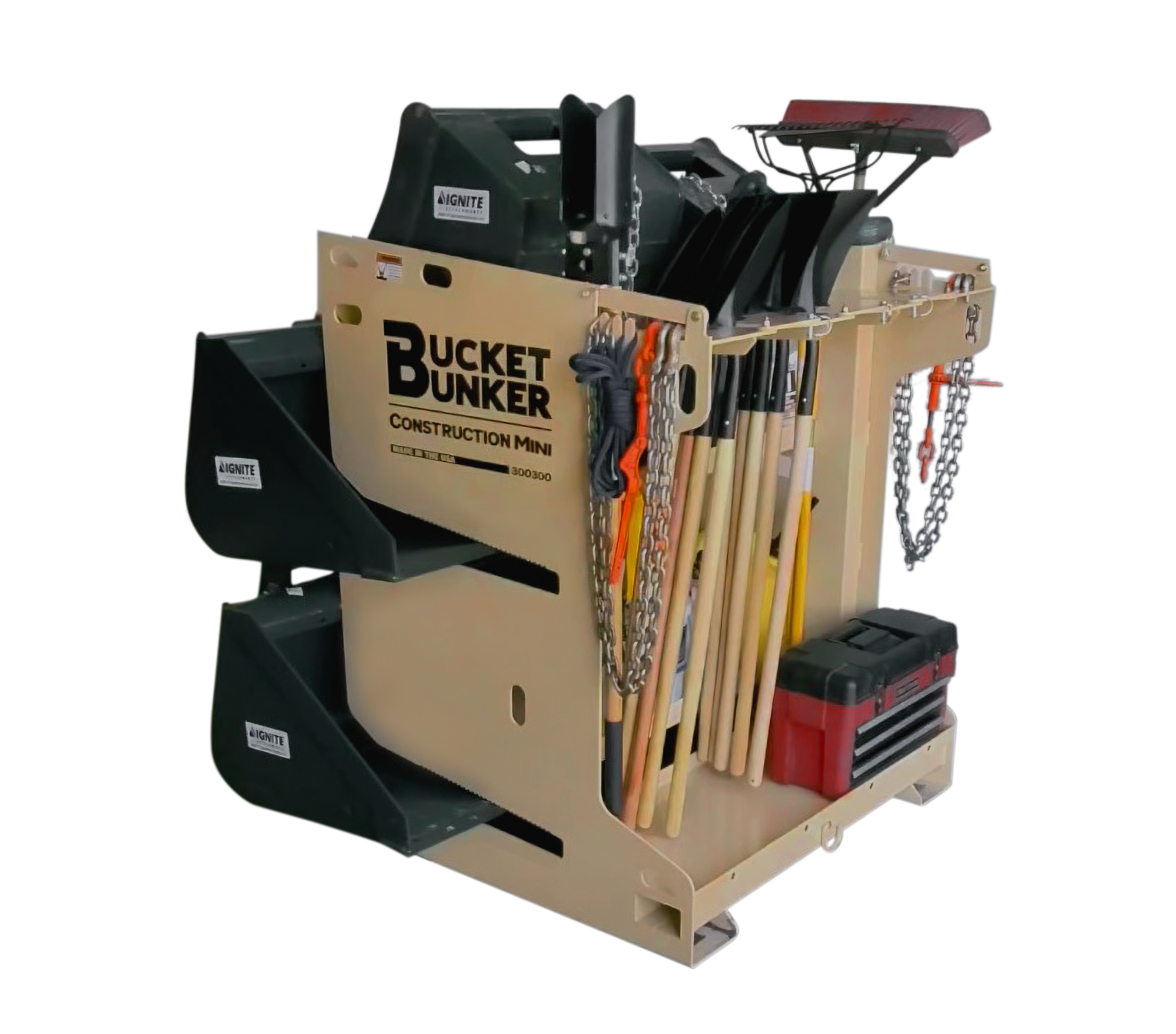 Fully loaded Construction MINI, Bucket Bunker® skid steer attachment rack on display.