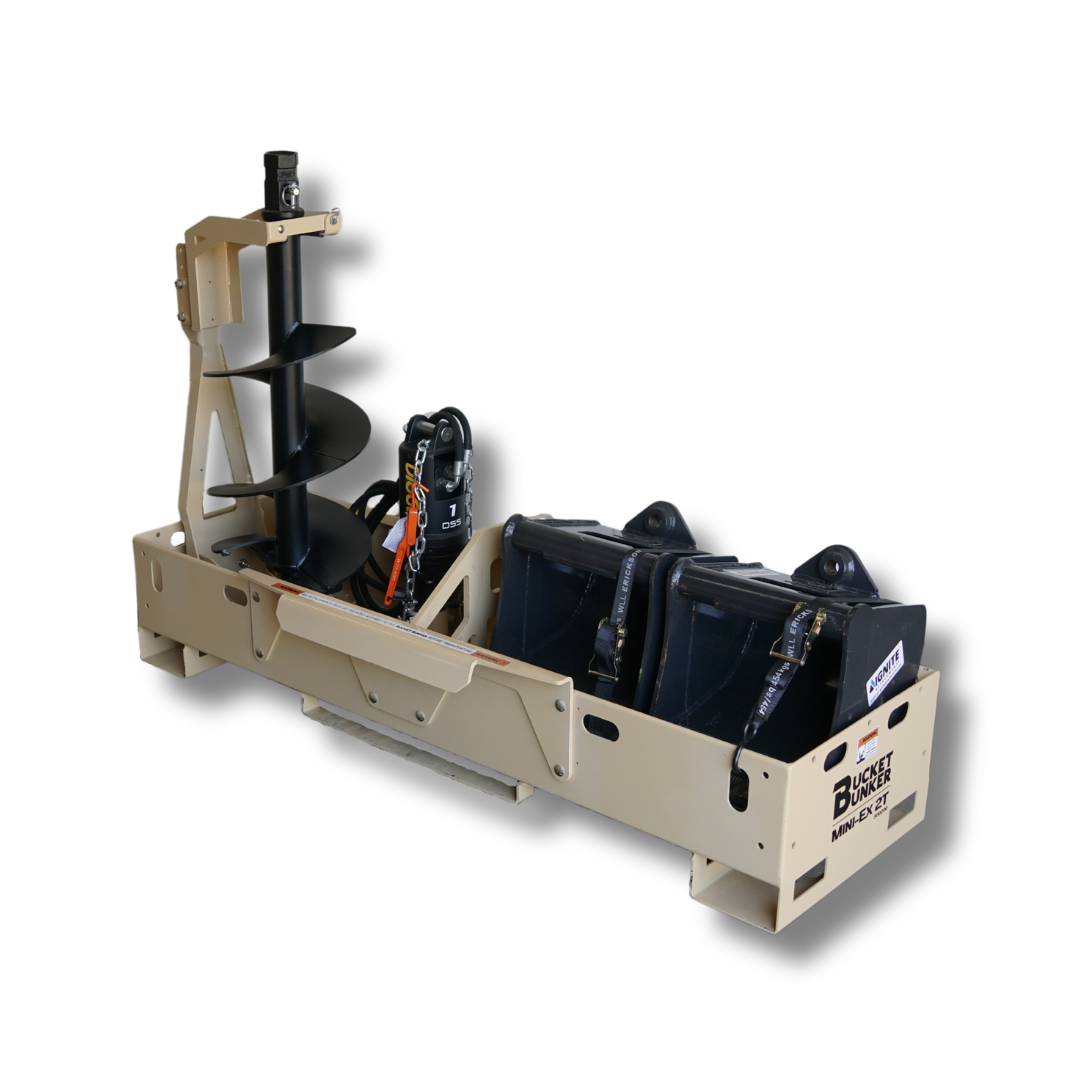 Fully loaded Mini-EX 2T Bucket Bunker® attachment rack on display.  Auger Drive, Auger Bit, Buckets, etc.