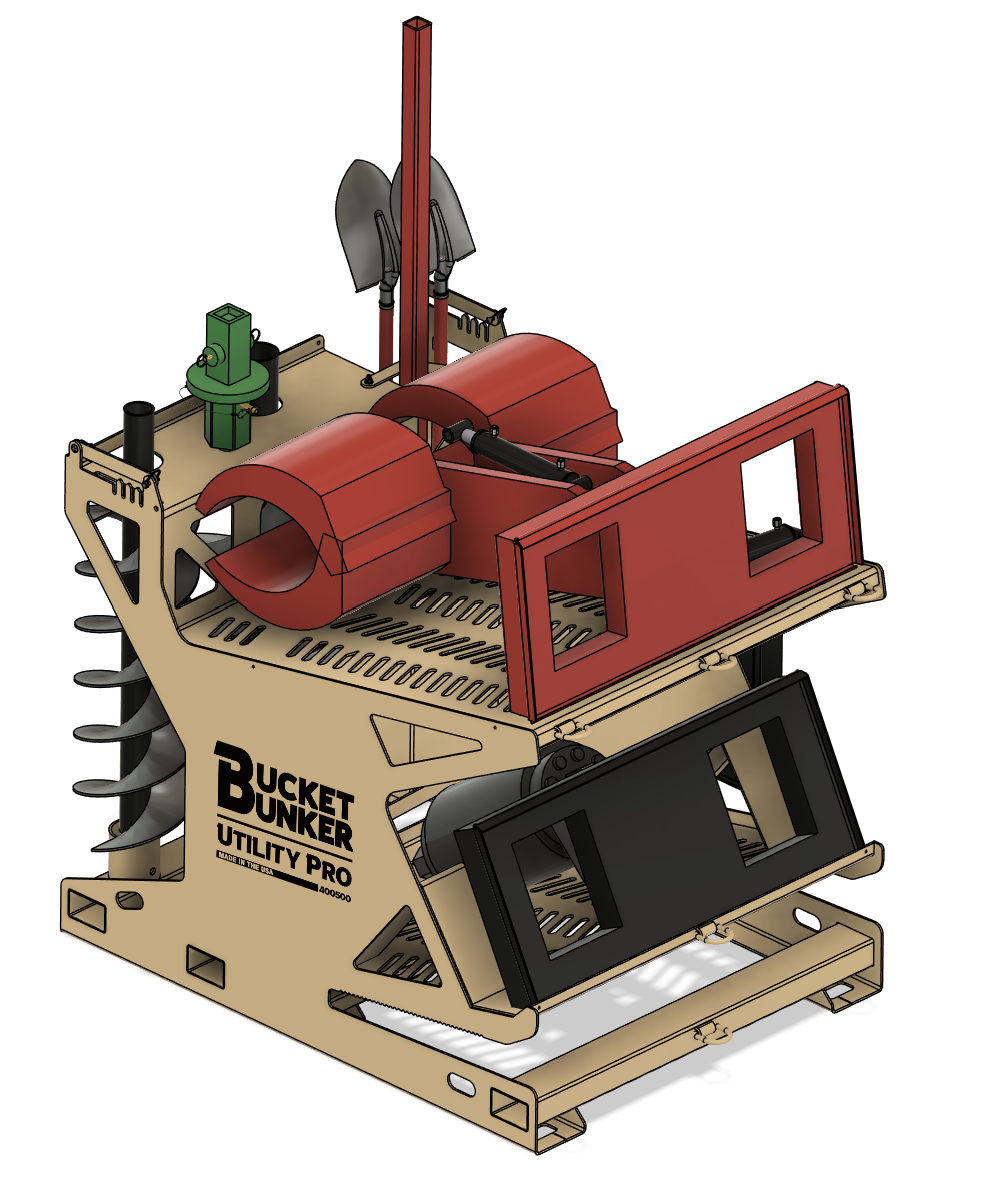 A Bucket Bunker® Utility PRO Skid Steer Attachment rack loaded with various attachments for transportation and storage.