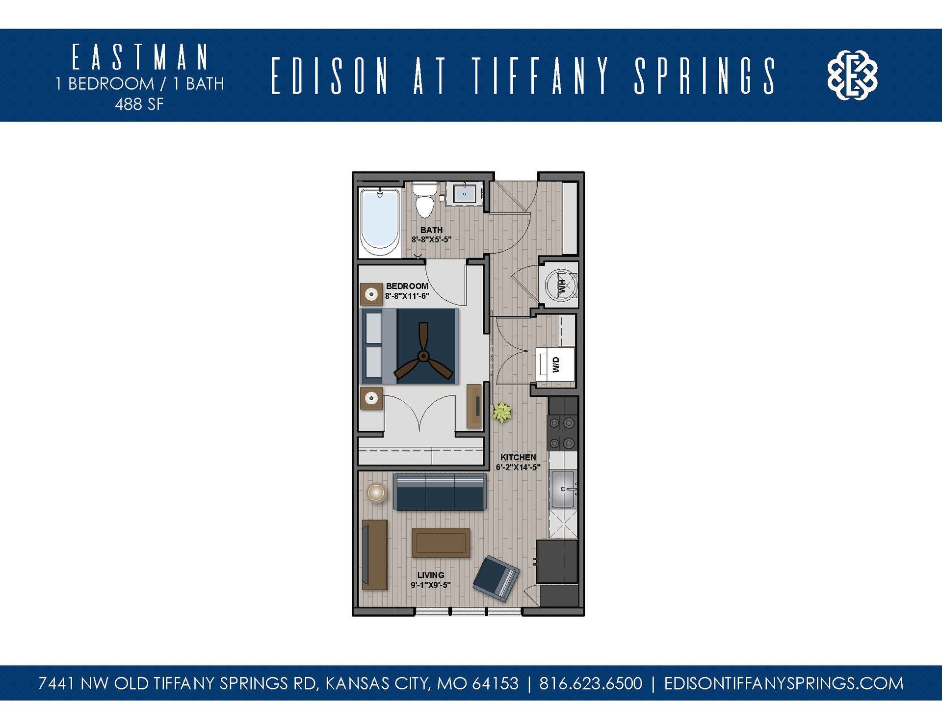 A floor plan of a small apartment with a bedroom , living room , and kitchen.