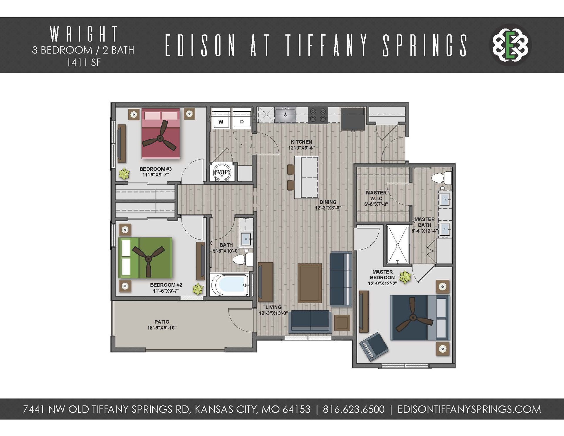 A floor plan of a house with three bedrooms
