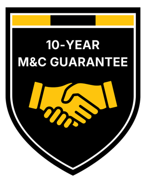 Black shield emblem with yellow handshake and text “10-YEAR M&C GUARANTEE”