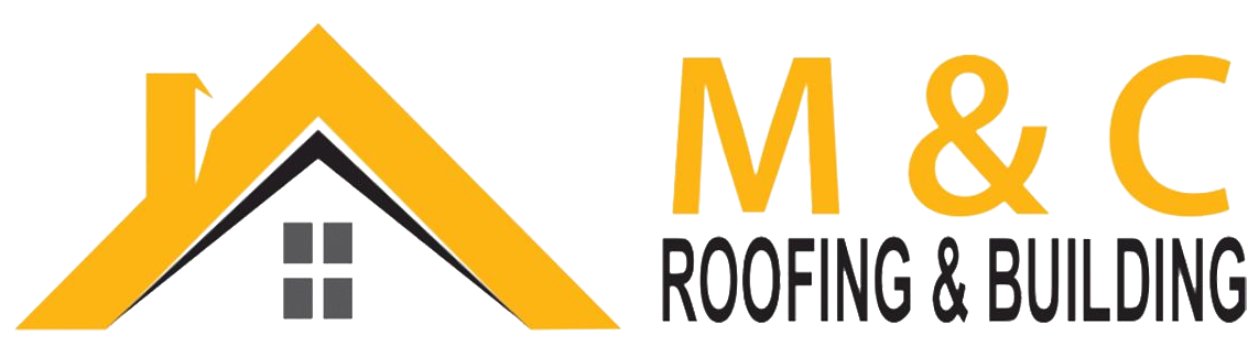 M&C Roofing & Building logo with yellow roof icon and gray house windows on white background
