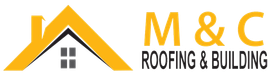 M&C Roofing & Building logo with yellow roof icon and gray house windows on white background