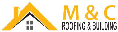 M&C Roofing & Building logo with yellow roof icon and gray house windows on white background