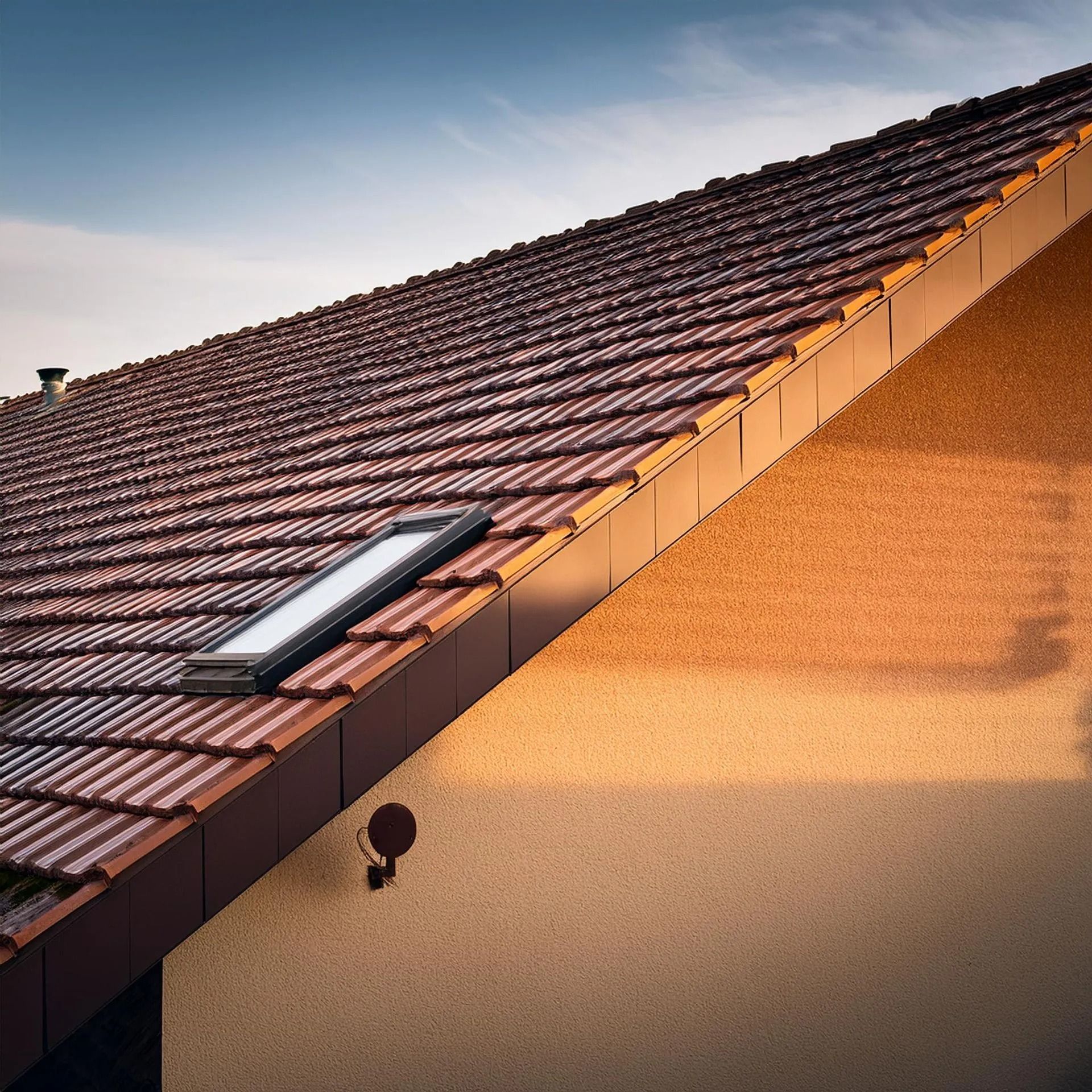 Red-tiled roof with skylights on a tan house under a blue sky
