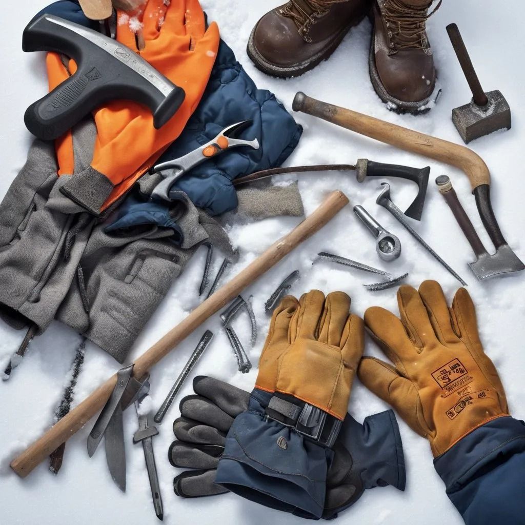 Assorted work gloves and snow tools laid out on snow, including a shovel, picks, and boots.