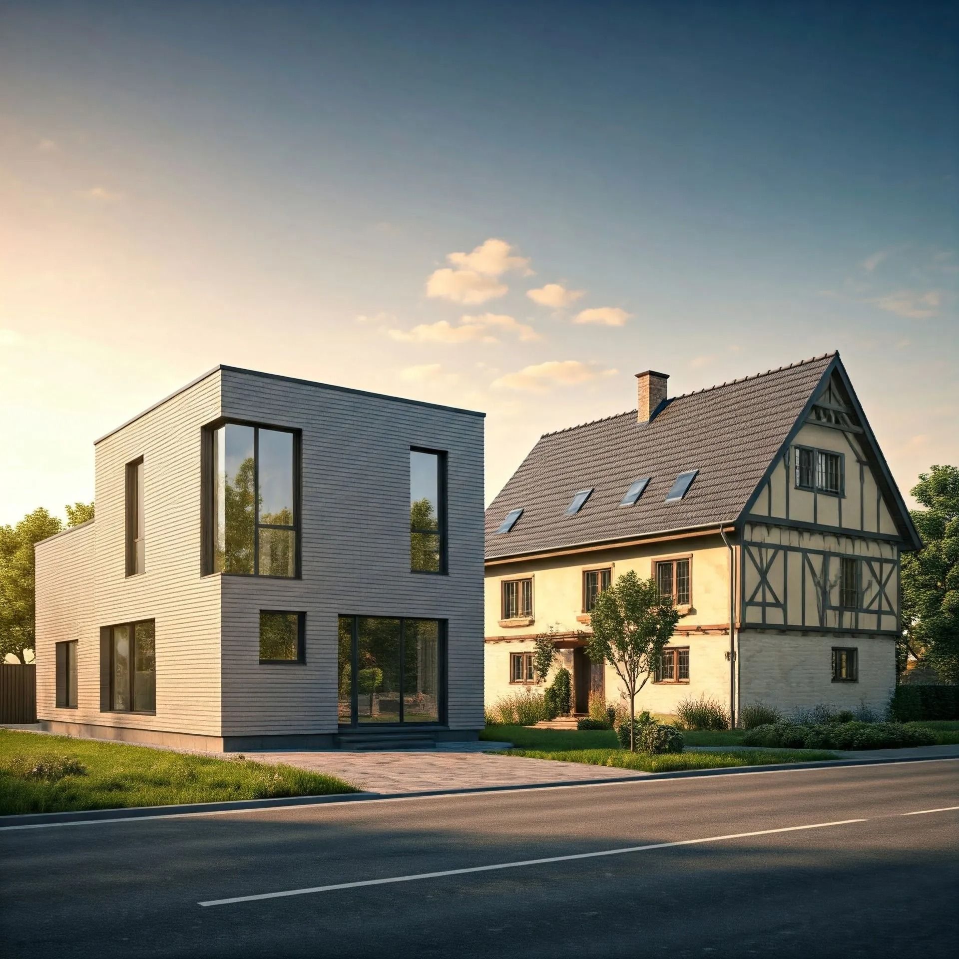 Modern and traditional houses side by side on a sunny street, one white cubic home and one timber-framed cottage