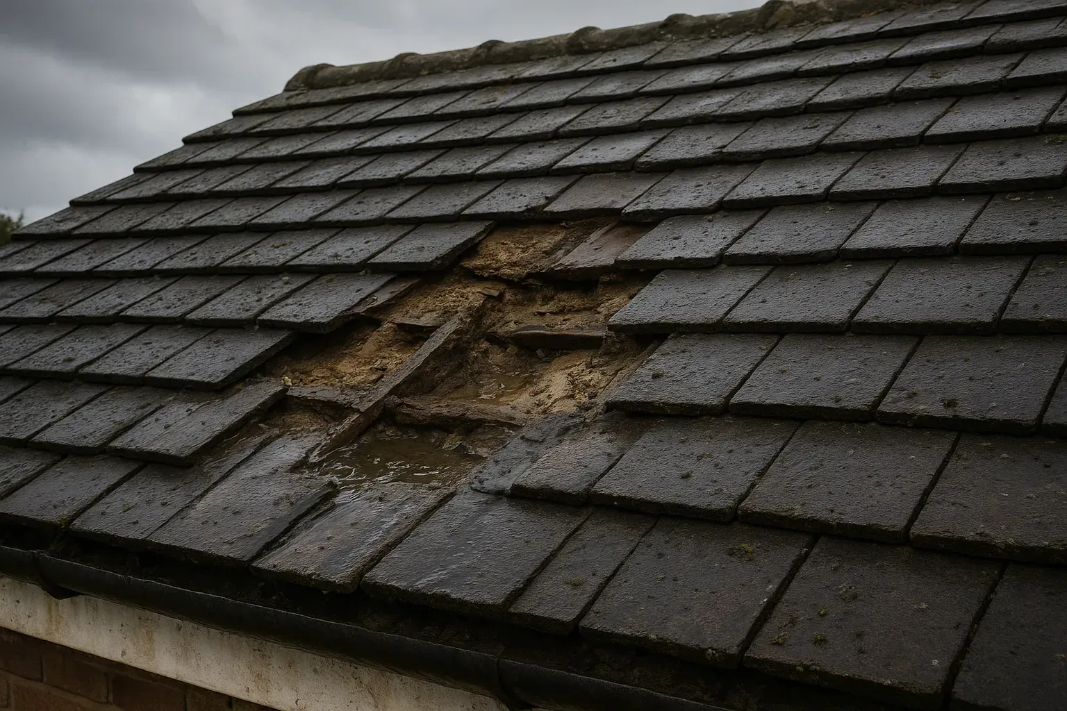 Damaged shingle roof with a large hole exposing underlying wood and insulation