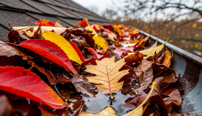 Rain-soaked gutter filled with colorful autumn leaves near a roof edge