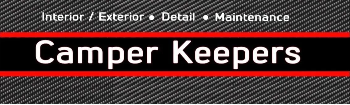 Logo for Camper Keepers, with "Interior / Exterior • Detail • Maintenance" above and "Camper Keepers" in white on a black and red bar.