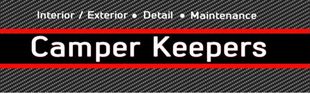 Logo for Camper Keepers, with "Interior / Exterior • Detail • Maintenance" above and "Camper Keepers" in white on a black and red bar.