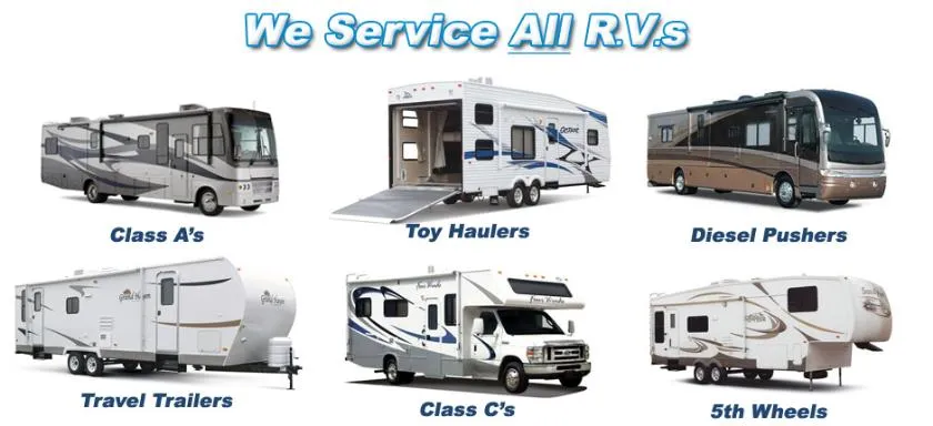 Various types of RVs, including Class A, Toy Haulers, and Diesel Pushers. The image promotes RV service.