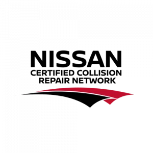 A nissan certified collision repair network logo on a white background.