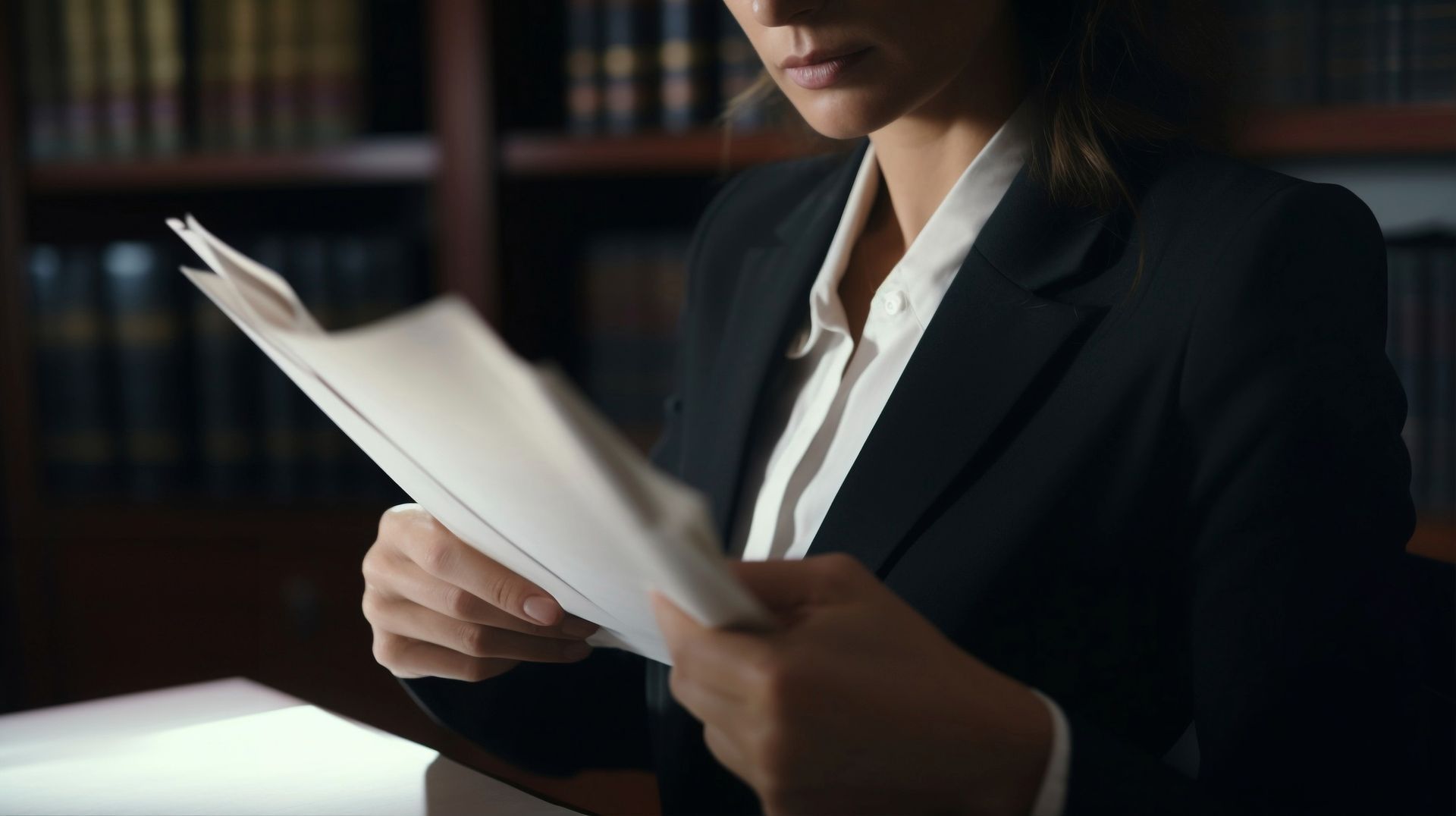 A female workplace investigator  in a suit is holding a piece of paper in her hands.