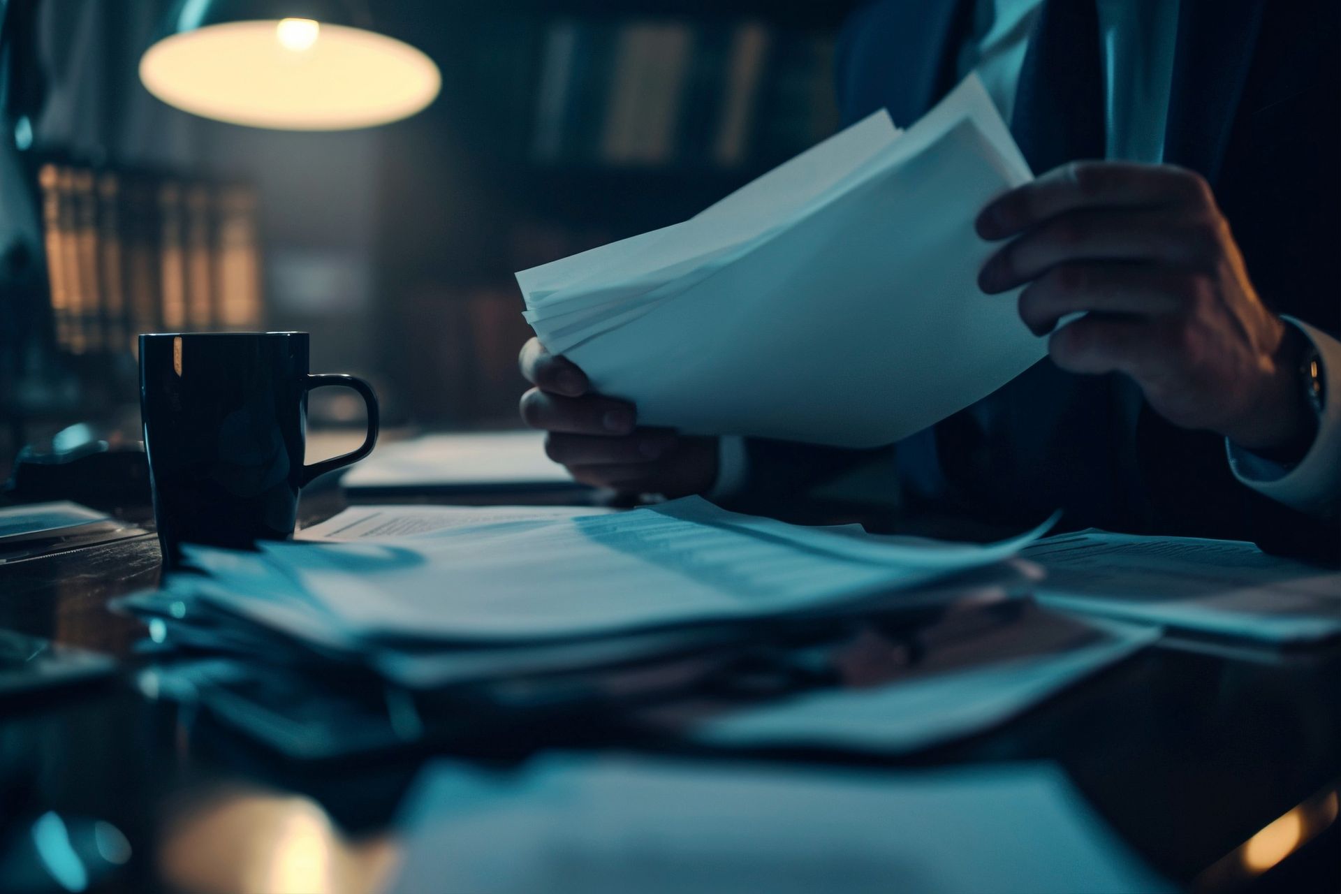 A man is sitting at a desk holding a piece of paper going through  a workplace investigation