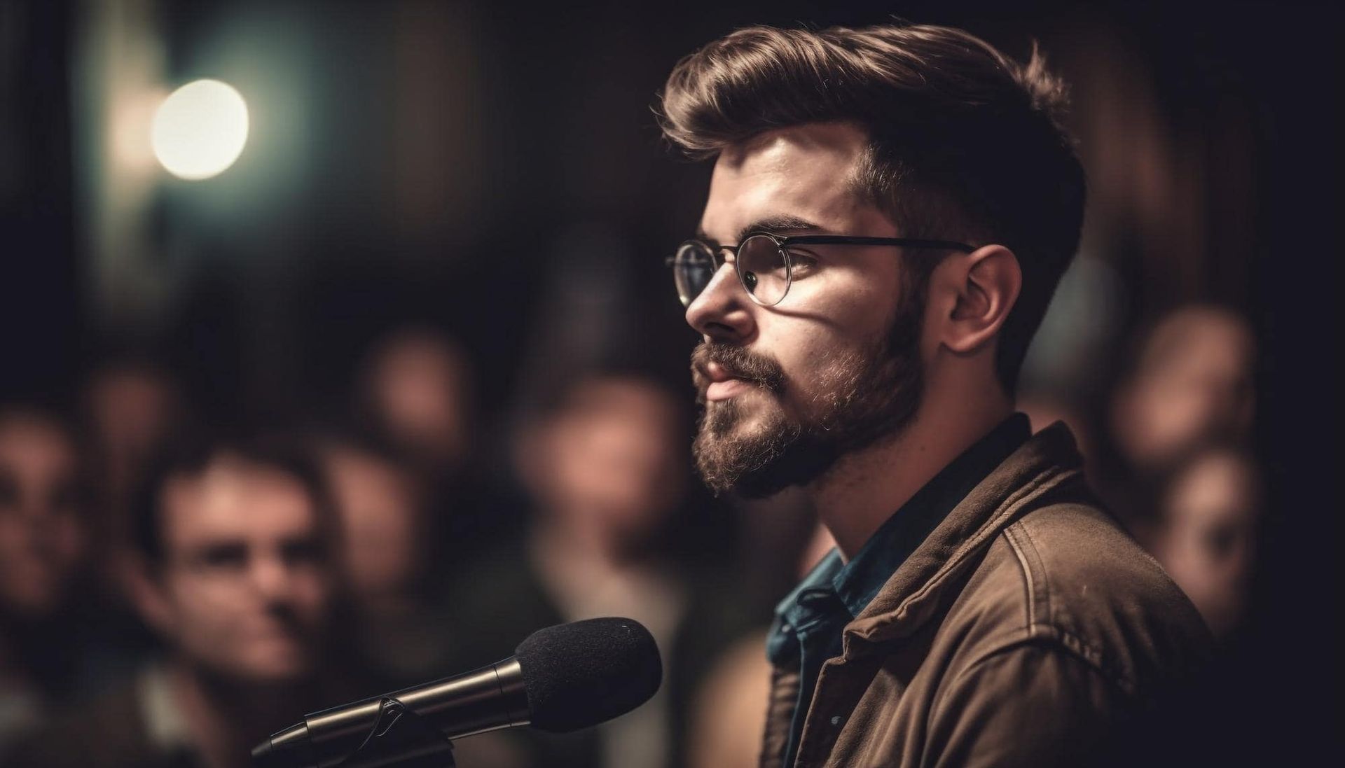 A man is standing in front of a microphone speaking up about a workplace investigations.