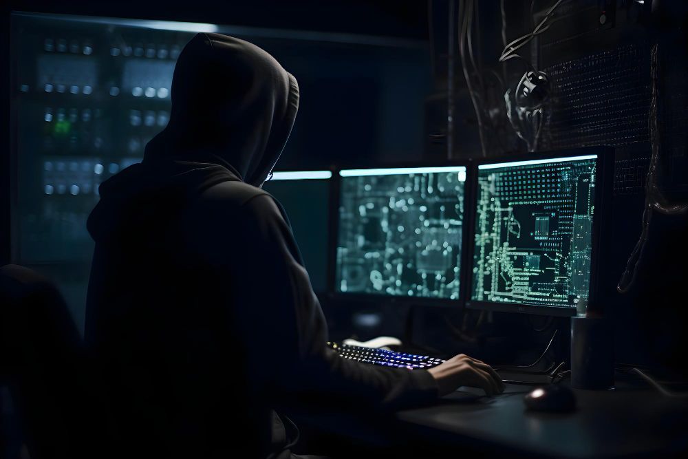 workplace investigations image of a man in a hoodie is typing on a keyboard in front of a computer monitor .
