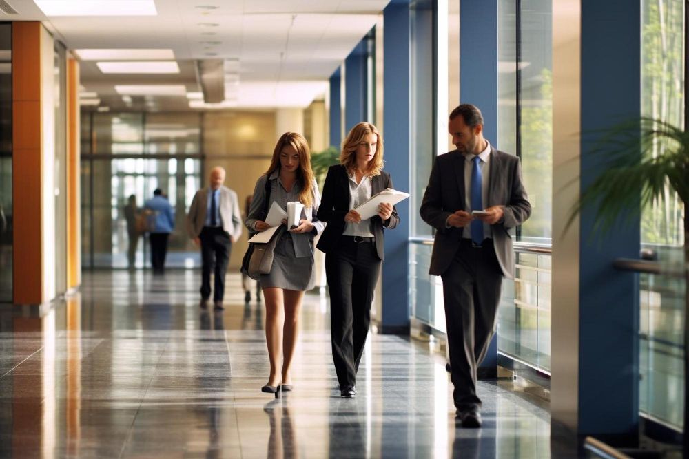 workplace investigations image of a woman is sitting at a desk in an office holding her back in pain .
