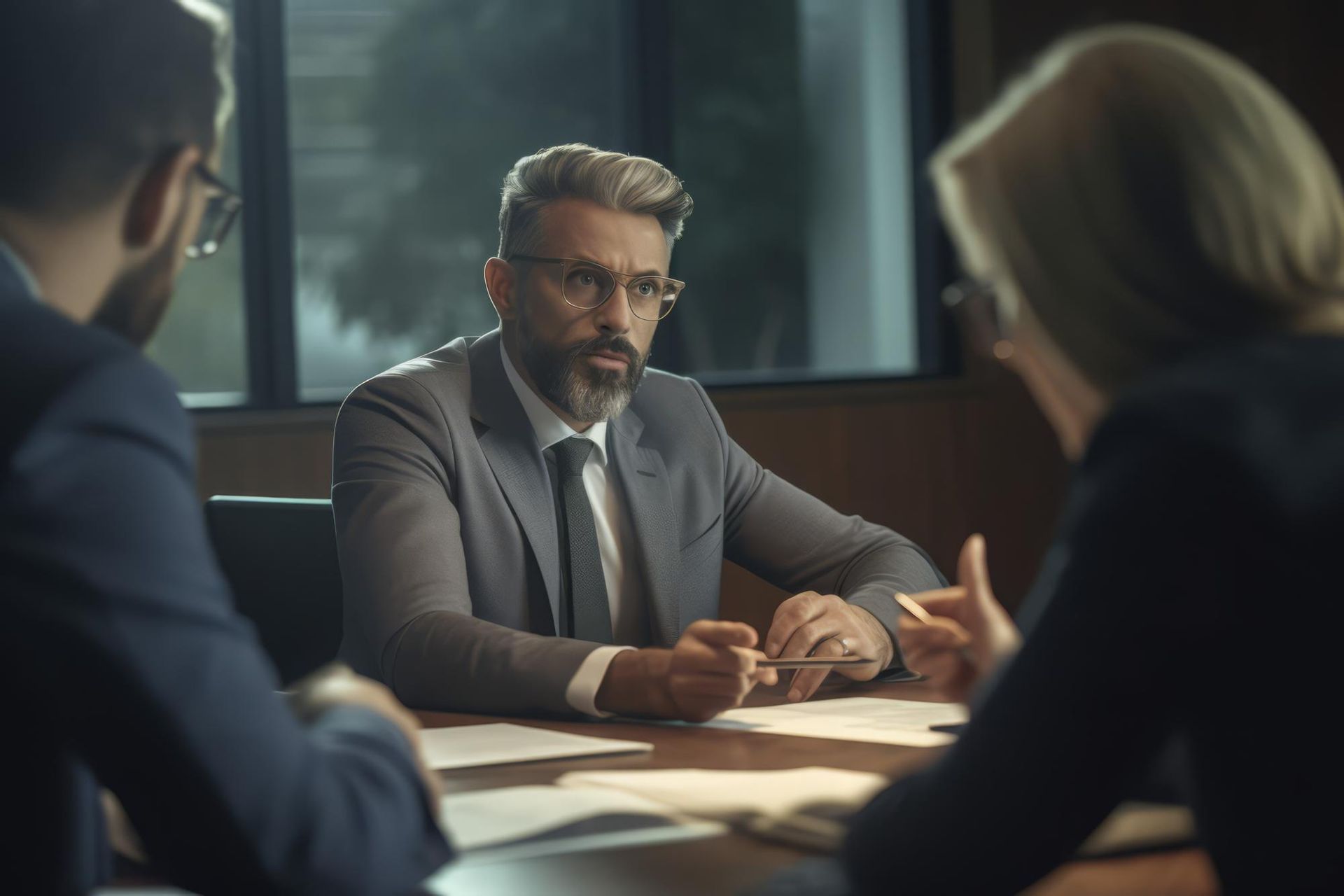 workplace investigations image of a man in a suit and tie is sitting at a table talking to a group of people .