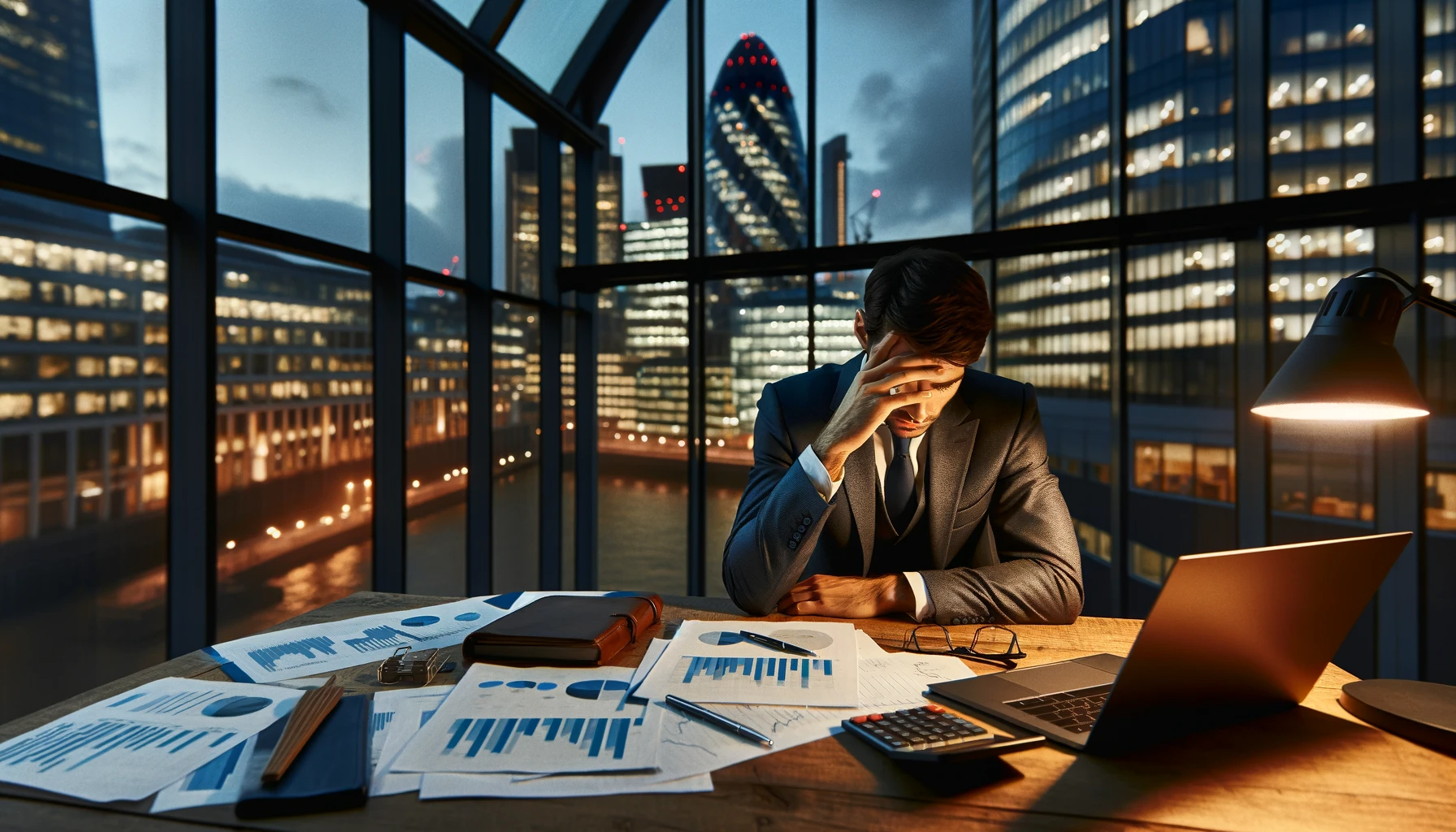 workplace investigations image of a man in a suit is sitting at a desk in front of a laptop computer .