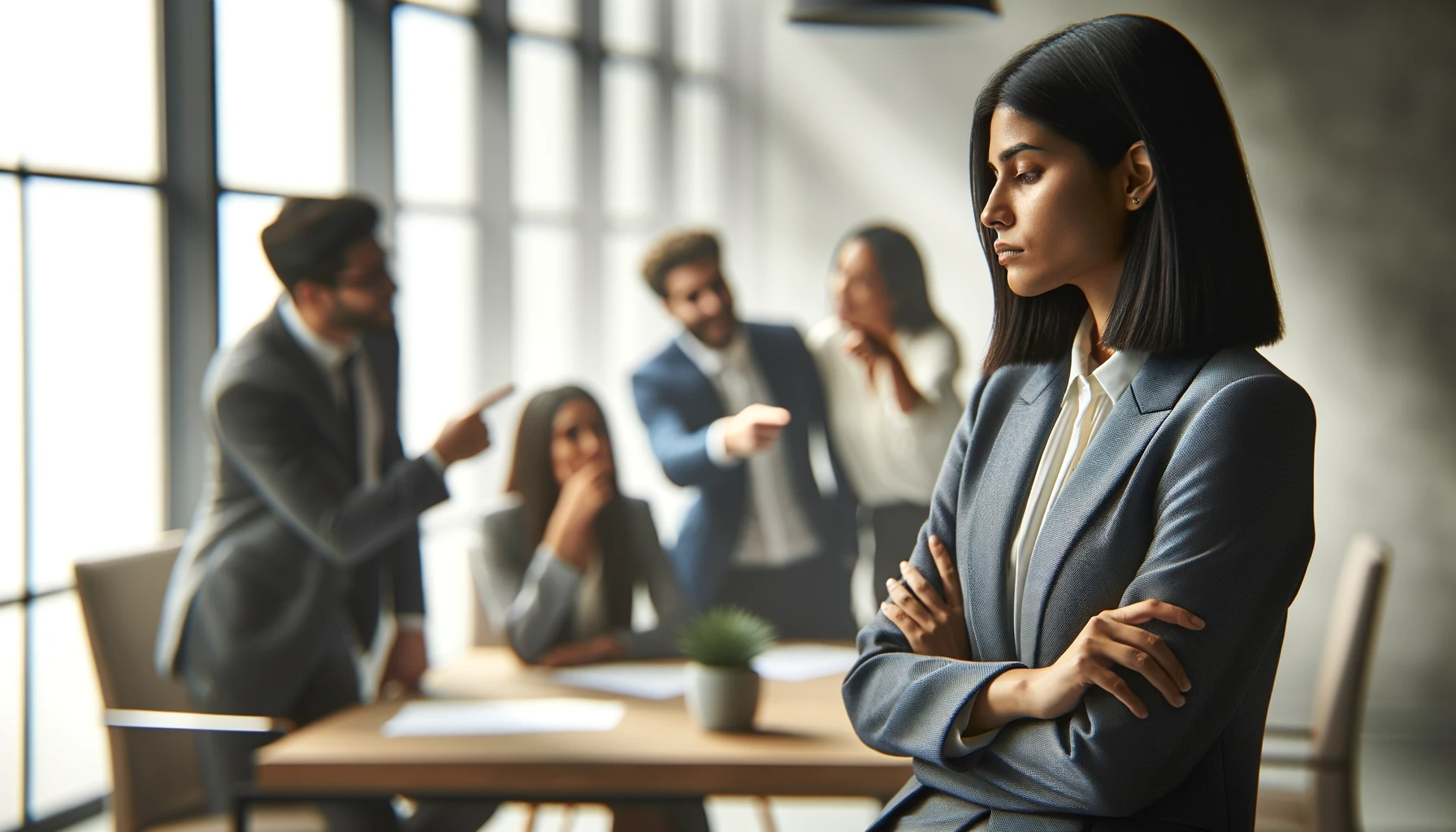 workplace investigations image of a woman in a suit is standing in front of a group of business people .