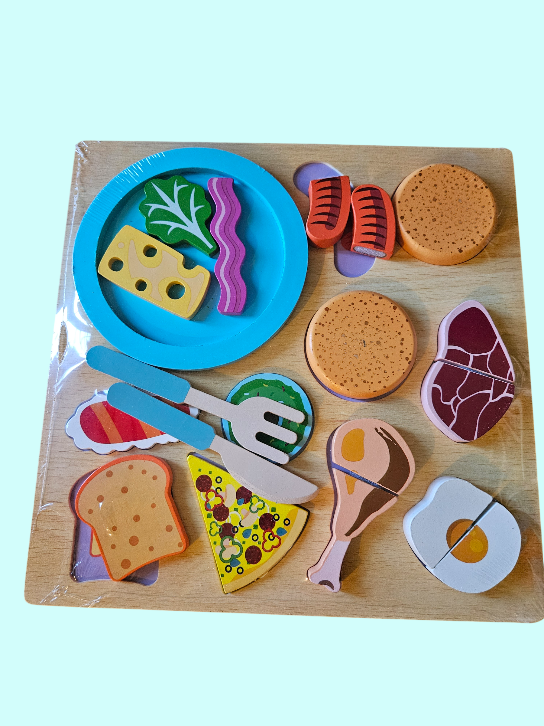 Juego de Comida de Madera más Rompecabezas - Set de Cocina Infantil