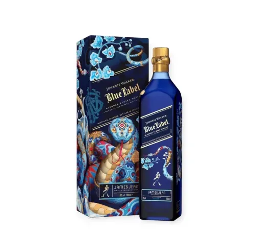 Johnnie Walker Blue Label bottle and box with blue and gold design, featuring a snake. 